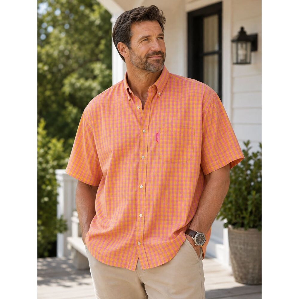 U.S. Polo Assn Men Plaid Short Sleeve Button Down Shirt Orange Pink XXL